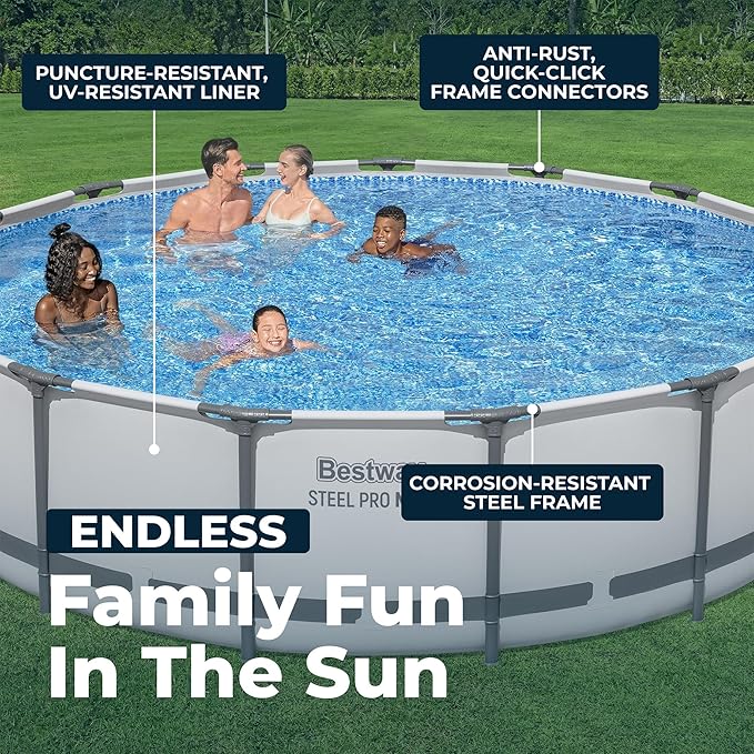 Bestway Steel Pro MAX 15' x 42" Above Ground Pool, Round Metal Frame Outdoor Swimming Pool Set with Filter Pump, Ladder, and Cover, Gray