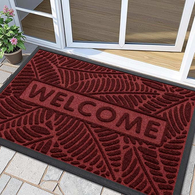 Smiry Welcome Mat Indoor Outdoor, All-Season Waterproof Front Door Mat, Sturdy Natural Rubber Doormat, Non-Slip, Easy Clean, Low Profile Dirt Trapper for Porch Patio Entrance, 47x32, Wine Red