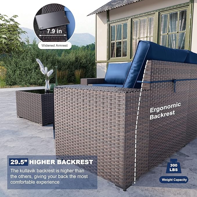 Kullavik 12PCS Outdoor Patio Furniture Set PE Wicker Rattan Sectional Sofa Patio Conversation Sets,Navy Blue