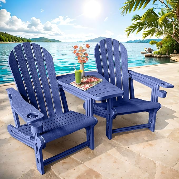HDPE Adirondack Chairs for Outside, All-Weather Patio Chairs with Cup Holder, Outdoor Lawn Chair for Poolside/Fire Pit/Backyard/Deck, Blue Double Adirondack Chair with Table