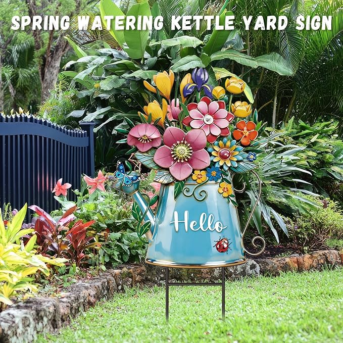 Spring Yard Sign Outdoor Yard Decoration with Stakes Waterproof Flower Metal Garden Lawn Stake Sign Decoration for Patio Lawn Walkway Courtyard Party Decor