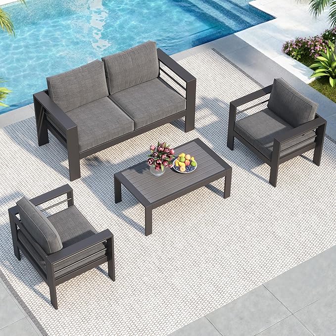 Solaste Aluminum Patio Furniture Set for All Weather, Oversized Metal Outdoor Furniture Set with 27.5" Deep Seating and 3.2" Wide Armrest, Outdoor Patio Conversation Sets with 10" Back Cushion, Gray