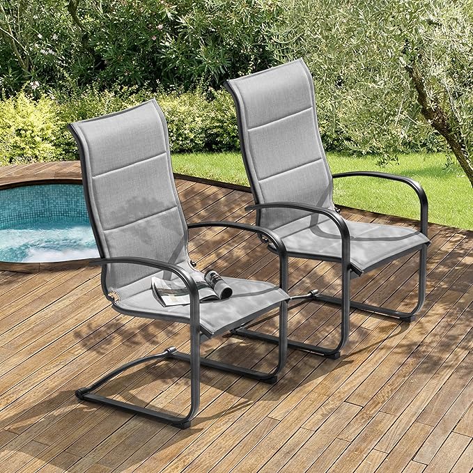 NUU GARDEN Patio Chairs Set of 4, All Weather Outdoor Padded Textilene Patio Dining Chairs, Breathable Spring Motion Textile High Back Outdoor Dining Chairs for Backyard, Lawn, Deck, Gray