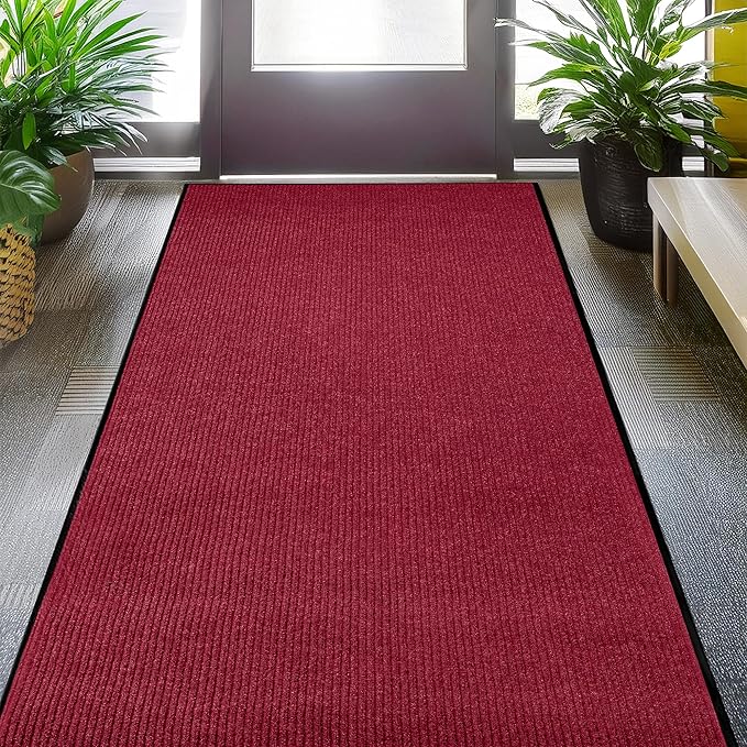 LuxUrux Striped Red Door Mat - Heavy Duty, Indoor/Outdoor, Easy Clean, Waterproof, Low-Profile (4 x 8 Feet) - Ideal for Entry, Patio, Garage - Durable Solution for High Traffic Entrance Ways