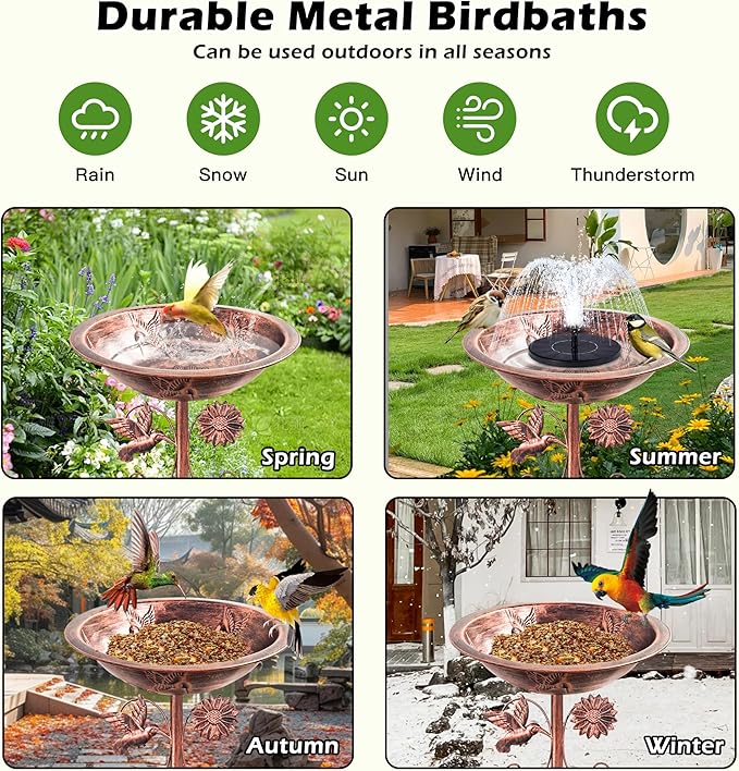 Metal Bird Baths for Outside, Birdbaths for Outdoors with Deep Bowl, 5 Prong Stake Large Capacity Hummingbird Freestanding Birdfeeders Patio Garden Yard Lawn Decor Bird Feeders Bowls-13x13x35