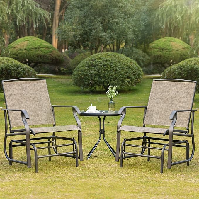 Outsunny 2 Piece Glider Set, Outdoor Swing Chairs, Patio Rocking Armchairs with Breathable Mesh Fabric, Steel Frame for Garden, Backyard, Patio, Dark, Brown/Khaki