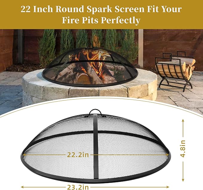 Round Fire Pit Spark Screen Cover,Outdoor Patio Mesh FirePit Screens Guard,Heavy Duty Steel Domed Fire Pit Ember Lid with Handle,22Inch Diameter