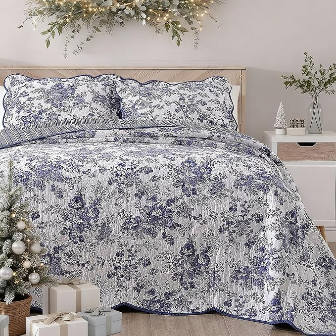 Wonderful 100% Cotton Blue Floral Bedspread Set Full Size, Quilt Bedding Sets with Pillow Shams, 3 Pieces Botanical Coverlet Set, Quilted Blanket Bed Cover for All Season, 96"x110"