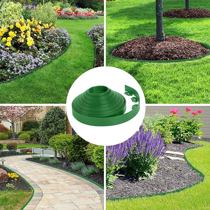 2-Inch x 100 FT Landscape Edging Border with 150 Stakes, Plastic Edging for Landscaping Garden Edging Border, Flexible Landscaping Edging for Garden Flower Beds Yard Lawn Pathway Paver (Green)