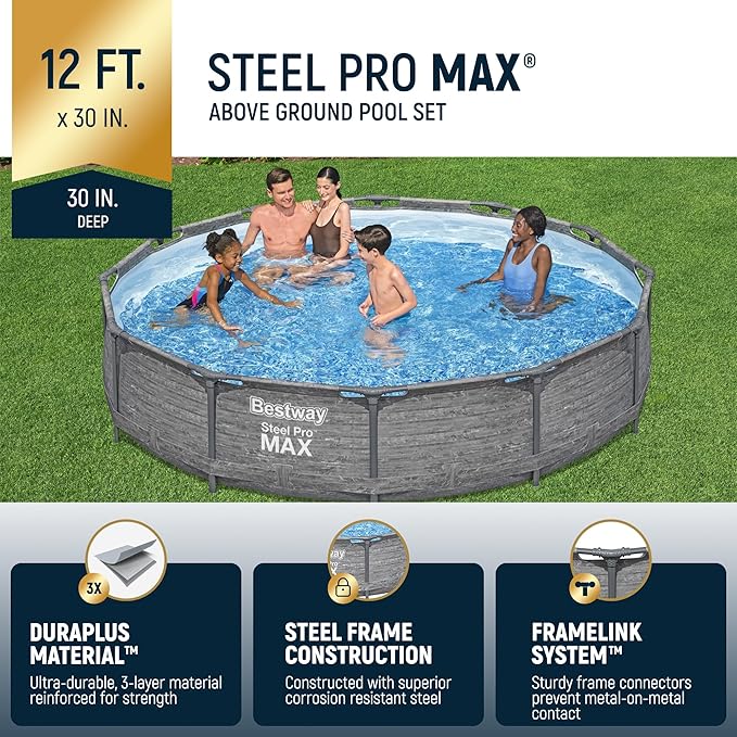 Bestway Steel Pro MAX 12' x 30" Above Ground Pool, Round Metal Frame Outdoor Swimming Pool Set with Filter Pump, Stacked Stone Print