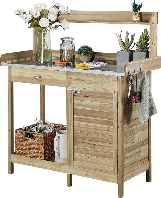 Yaheetech Outdoor Potting Bench Table, Garden Work Bench w/Metal Tabletop Work Station w/Cabinet Drawer, Open Top&Lower Shelf, Handy Hooks, ACQ Lumber Wood, Light Green