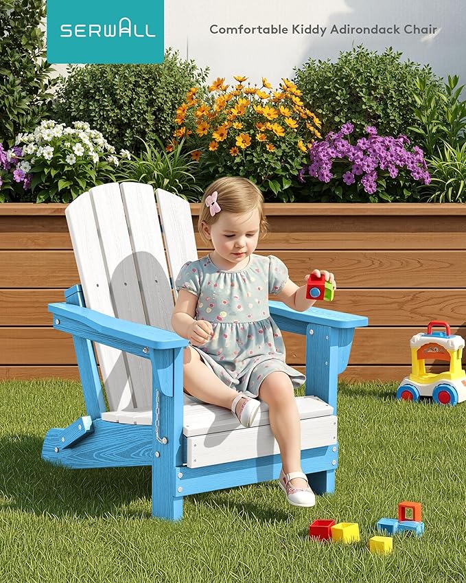 SERWALL Kids Adirondack Chair Sets for 2, HDPE Adirondack Chair for Children,All-Weather Resistant for Patio, Garden, Backyard - White and Light Blue