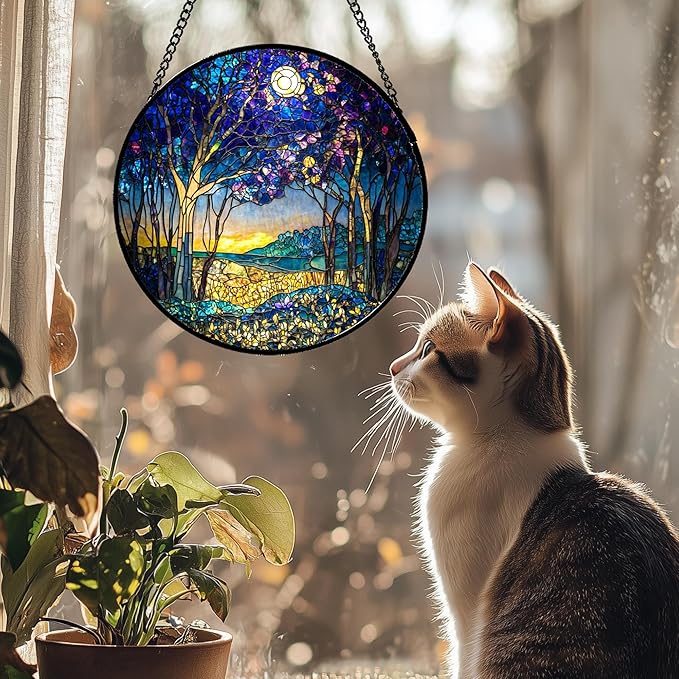 Stained Glass Window Hanging Blue Purple Forest Trees Landscape Moon 7.8" - Suncatcher Door Garden Sun Catcher Home Decor Birthday Christmas for Mom Men Woman Nana