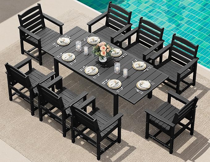 SERWALL 9-Piece Outdoor Dining Set, 60" - 83" Expandable Outdoor Dining Table and 8 HDPE Chairs, All Weather HDPE Outdoor Furniture Set for Backyard, Garden, Black