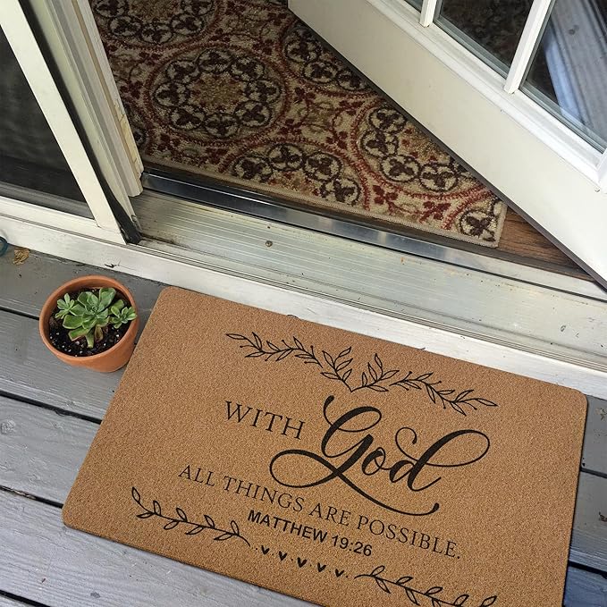 Christian Door Mat Doormat, Bible Verse Welcome Front Door Mat Indoor Outdoor Entrance, with God All Things are Possible Artificial Coir Doormats Rugs for Porch Entryway Home Decor 30x17in