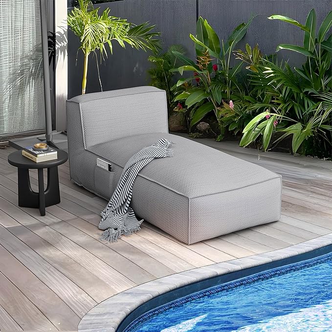 Outdoor Bean Bed Chair Sun Lounger, Outdoor Couch Sofa for Patio & Pool, Foam Filling Day Bed Furniture, Comfy Lazy Sofa for Outside, Water-Resistant Seating (Higher Back Light Gray, 70'' L)