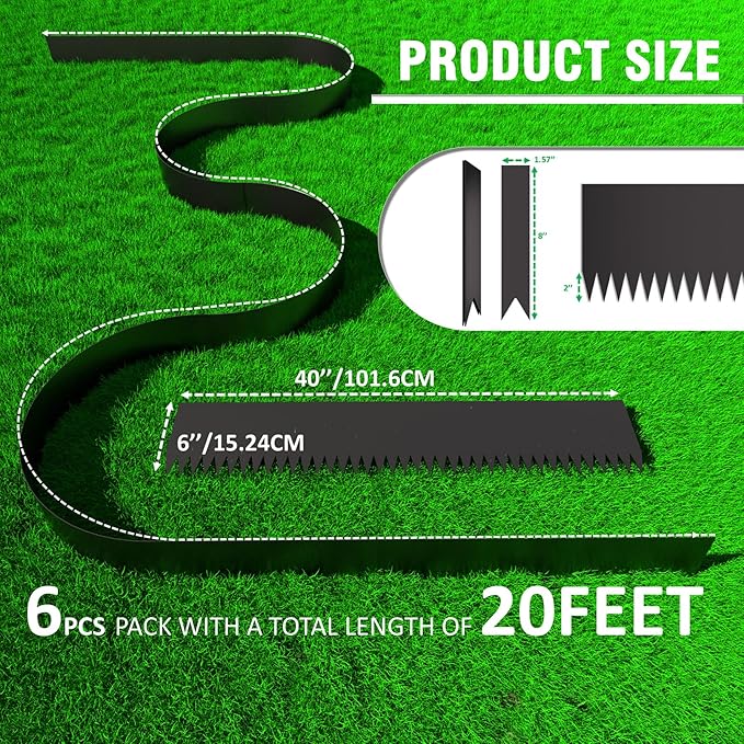 20ft. 6-Pack Galvanized Steel Landscape Edging - 40" L x 6" H Lawn Edging with 6 Stakes, Hammer-in Metal Garden Border for Landscaping, Lawn & Yard (Black)