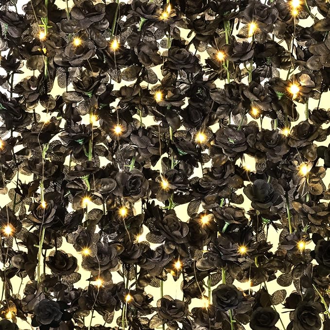 BLEUM CADE 5Pcs 41Ft Flower Garland Artificial Rose Vines with 32.8Ft String Lights, Cute Fake Hanging Flower Vines Floral Garland Decorations for Halloween Wedding Party Room Decor Aesthetic