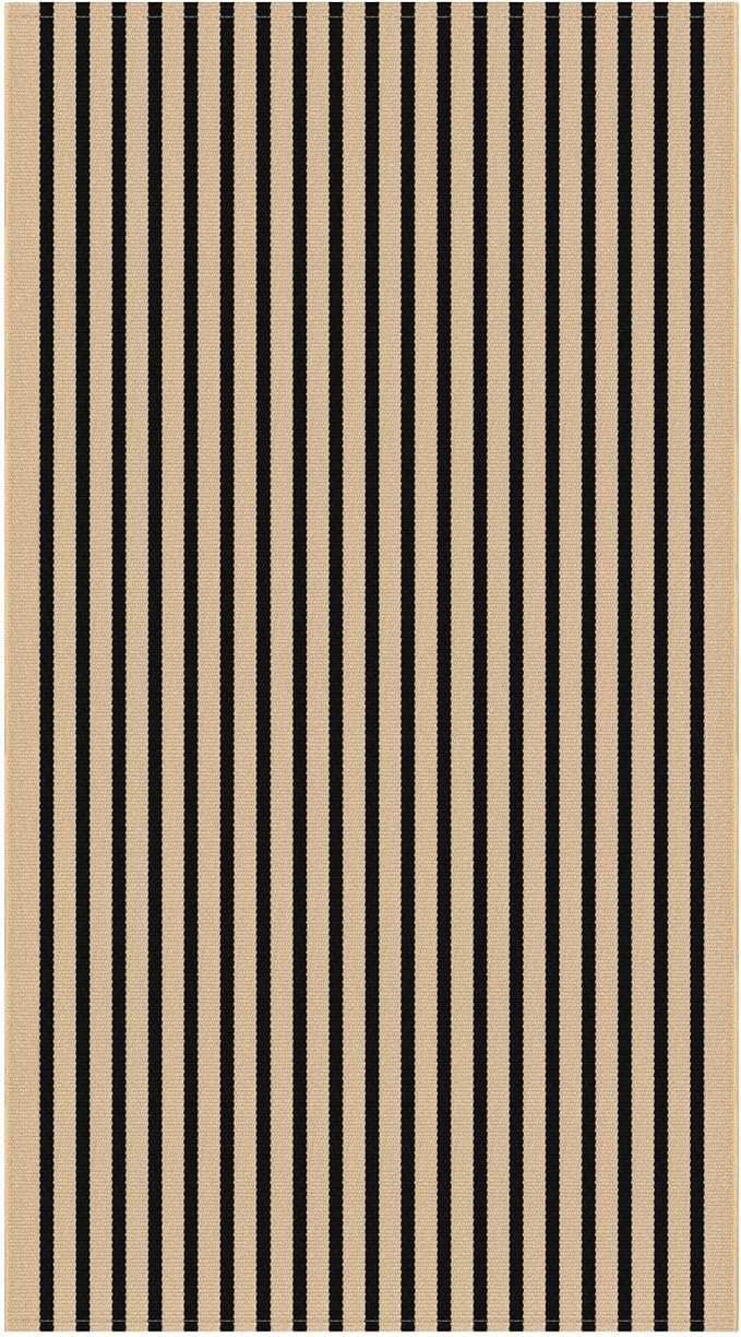 IOHOUZE Striped Area Rug 5'x7' Indoor Outdoor Rug, Washable Area Rug for Living Room, Large Patio Rug, Cotton Striped Rugs for Patio Living Room Bedroom,Tan/Black