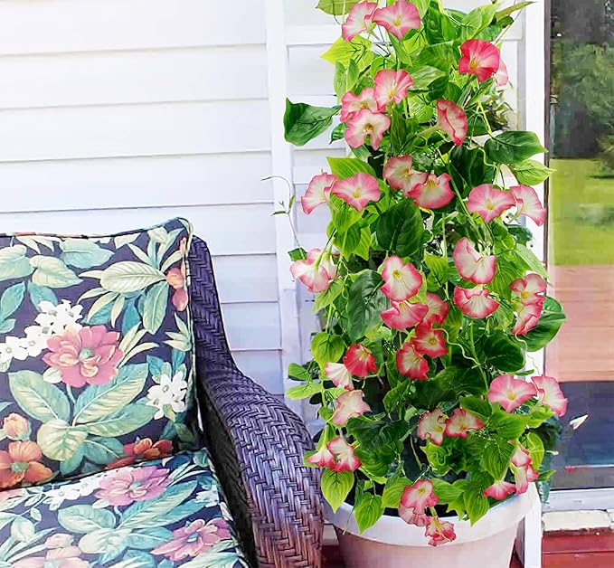 FERIAL Artificial Vines Rosered Morning Glory Vine Artificial Flowers Hanging Plants Garland Fake Green Plant for Wall Fence Indoor Wedding Banquet Decor