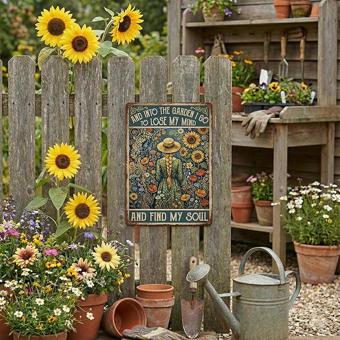 Van Gogh Style Garden Tin Sign - "Into The Garden I Go" Inspirational Metal Plaque with Sunflowers & Girl - 8x12 Aluminum Wall Decor - Metal Sign Artistic Garden Art for Shed, Gardeners, Mom, Women