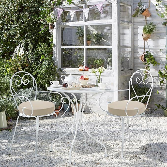 Outdoor Bistro Chair Cushions Set of 2, 15" D x 3" H Round Chair Cushions Waterproof and Fade Resistant Chair Cushion Pads with Non-Slip Ties and Removable Covers for Garden, Cream