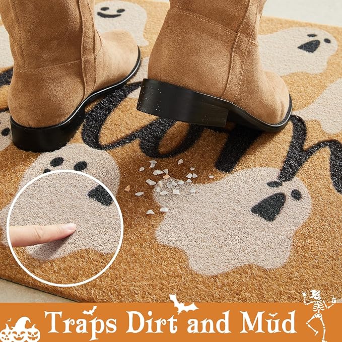 Halloween Door Mat Spooky Ghost Welcome Mat for Front Door Outdoor Entrance Doormat Coir Dirt Trapper with Non Slip Backing, 17x30, Welcome Ghost
