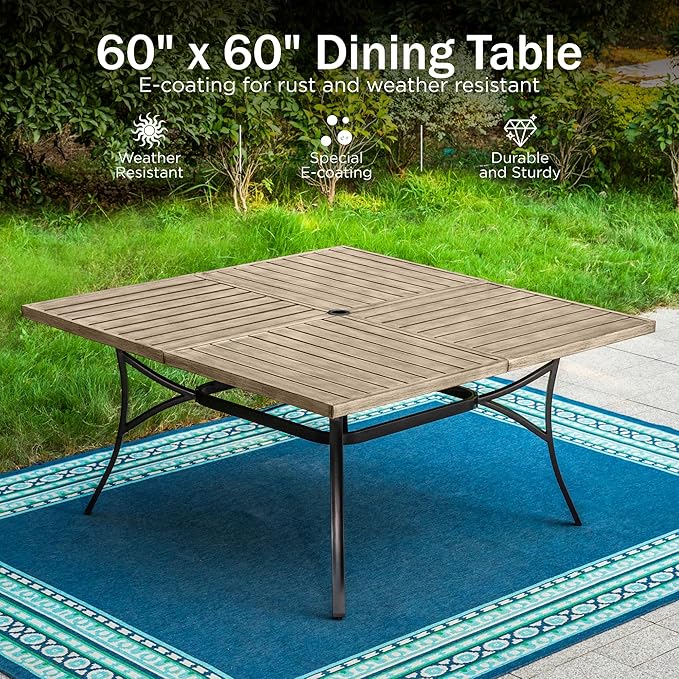 PHI VILLA 9 Pieces Outdoor Dining Set for 8, 60” Square Metal Wood-Like Table & Stackable Steel Chairs with Cushions, Large Furniture Set for Outdoor Deck, Yard, Porch - Black