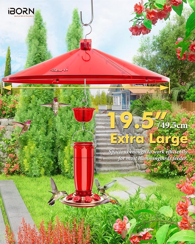 iBorn 19.5-inch Hummingbird Feeders Baffle, Weather Guard, Hanging Bird Feeders Protect, Red, Pack of 1
