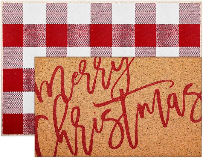 Tinideya 2 Pcs Christmas Door Mat Xmas Welcome Non Slip Coir Mats Merry Christmas Red White Buffalo Plaid Floor Layering Doormats Seasonal for Front Porch Entryway Decor(Red White Buffalo)