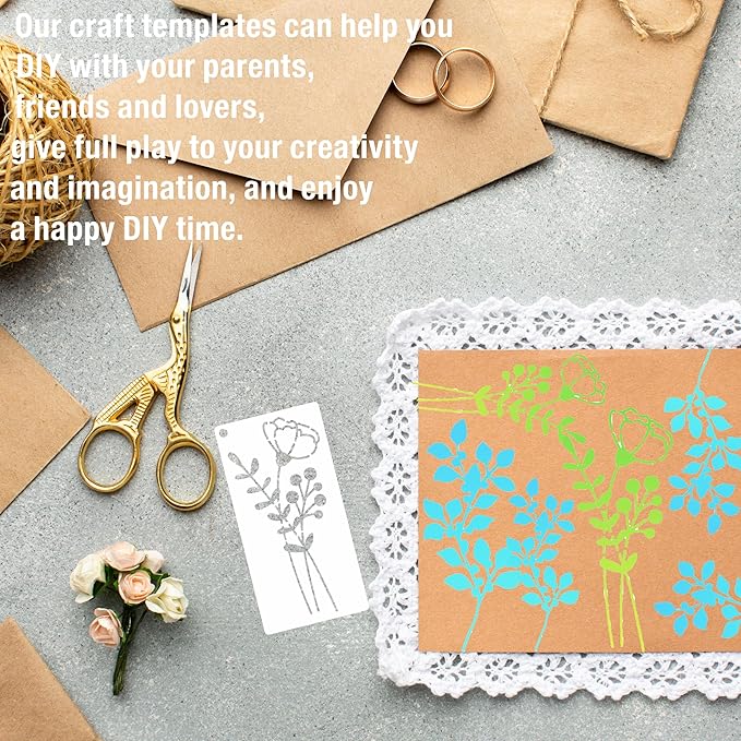 CeeVian Flower Stencils 52 Pieces Flower Stencils for Painting DIY Crafts Plant Stencil Reusable Wild Floral Stencil Leaf Floral for Painting on Wood Furniture Card Canvas Paper Scrapbook