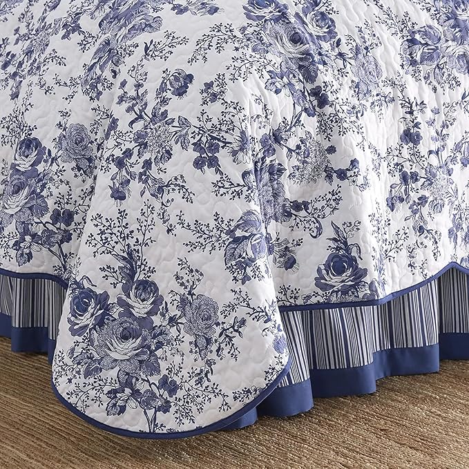 Wonderful 100% Cotton Blue Floral Quilt Set King Size Bedding Sets with Pillow Shams and Bed Skirt, 4 Pieces Floral Bedspread Coverlet, Quilted Blanket Bed Cover for All Season, 104"x90"