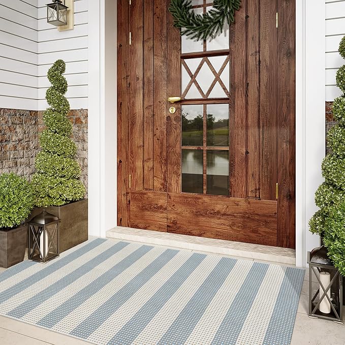 Outdoor Rug 3x5,Washable Striped Rug Front Porch Rugs,Indoor Outdoor Carpet Soft Hand Woven Rug Lightweight Front Door Rugs for Entry/Home Decor/Farmhouse(Blue and Cream)
