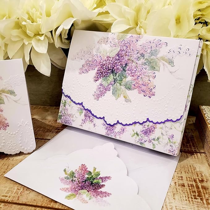 Poster Foundry Summer Lilacs Portfolio Boxed Note Cards by Carol Wilson. 10 embossed 4x5 Die-Cut Notecards and Matching Envelopes in Decorative Gift Box with Magnetic Flap. NCP2353