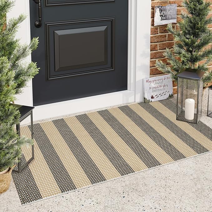 Striped Outdoor Front Door Mat 24"x51", Cotton Hand Woven Rug Indoor Doormat Washable Black and Tan Rug Runner, Foldable Front Door Rugs for Entryway/Farmhouse/Home Entrance