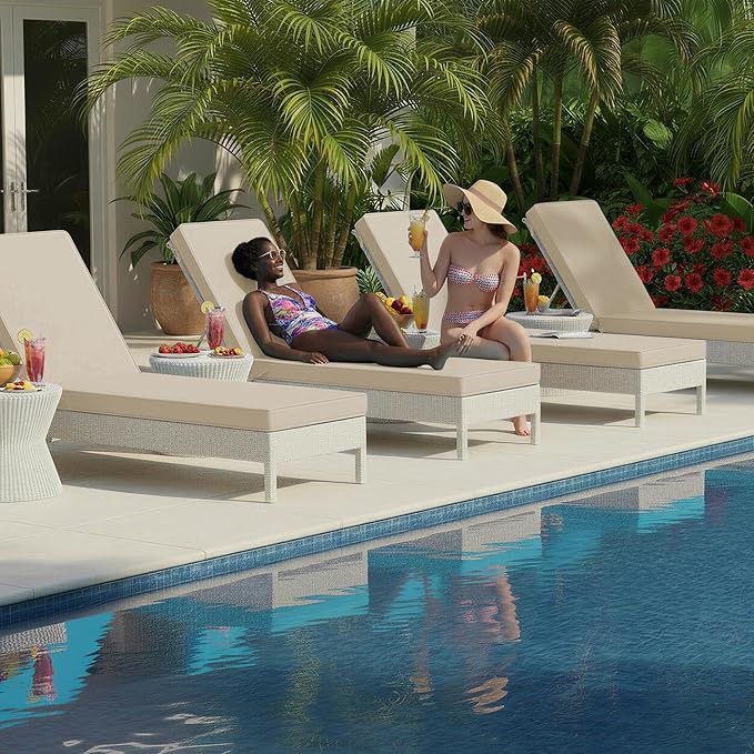 Chaise Lounge Cushions Outdoor Set of 4 - Waterproof and Fade Resistant Sun Lounger Replacement Cushion - Patio Lounger Pads with Removable Cover for Pool, Deck, Lawn, 72 x 21 x 3 Inch, Cream