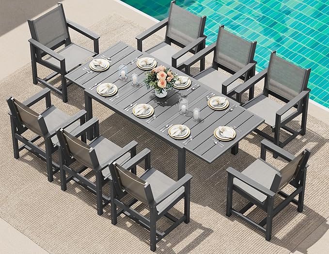 SERWALL 9-Piece Outdoor Dining Set, 60" - 83" Expandable Patio Dining Table with 6 Breathable Textilene Chairs, All Weather HDPE Patio Furniture Set for Backyard, Garden, Grey