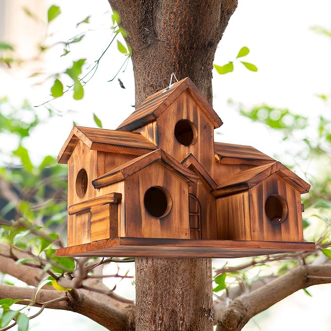 Bird Houses for Outside,Outdoor 5 Hole Bird House Room for 5 Bird Families Bluebird Finch Cardinals Hanging Birdhouse for Garden (Brown - Set of 1)
