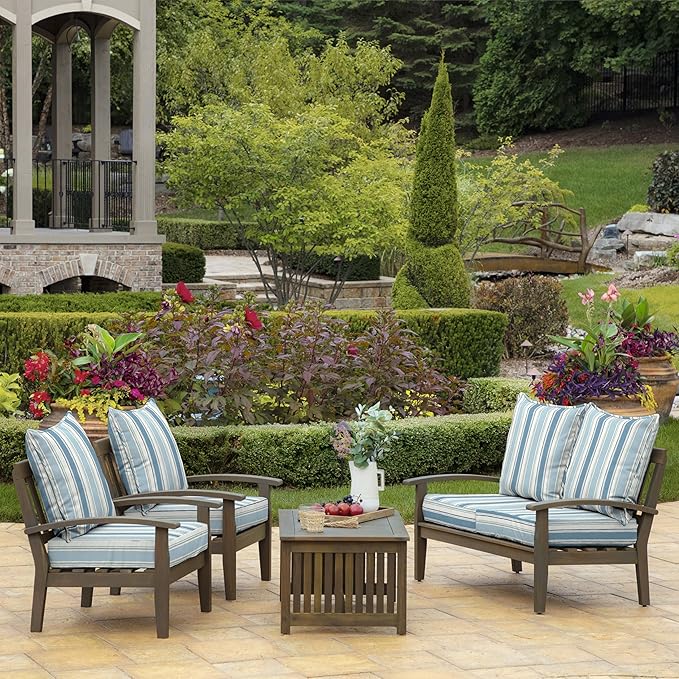 Arden Outdoor Foam Deep Seat Cushion Set, 22 in x 24 in, Weather-Proof, Rain-Proof, Fade Resistant Patio Cushion, Bottom and Back Cushion for Chair, Sofa, and Couch French Blue Linen Stripe