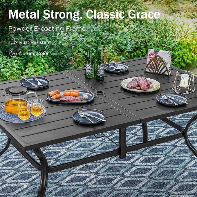 PHI VILLA 7 Pieces Outdoor Dining Set with Umbrella for 6, 60" Rectangular Metal Table & Stacking Wrought Iron Chairs & 13ft Red Umbrella, Outside Large Furniture for Patio, Deck, Porch, Backyard