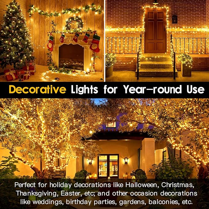 Techip 300 LED Christmas Lights Outdoor, Warm White Christmas Tree Lights Outside Waterproof Twinkle Lights Green Wire Connectable Plug in String Lights Indoor 108FT 8 Modes for Xmas House Decor