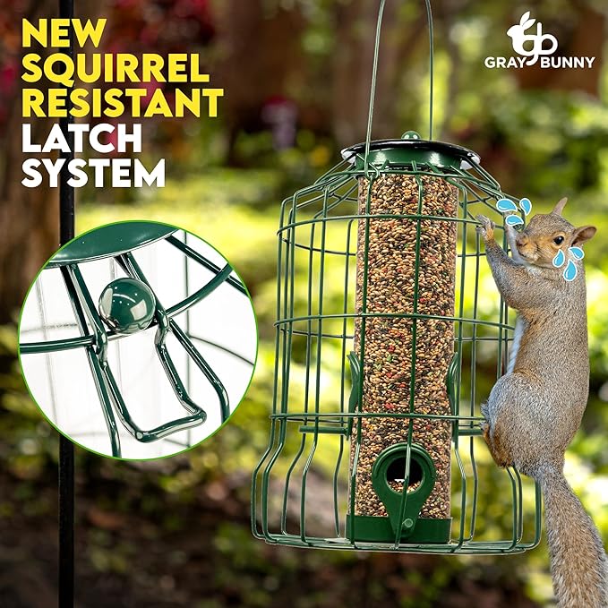 Squirrel Proof Bird Feeders for Outdoors Hanging (Metal Green) Bird Feeder with 4 Ports, Chew-Proof & Weather Resistant, Backyard Gift (10.25 x 6.25 x 6.25 inches)