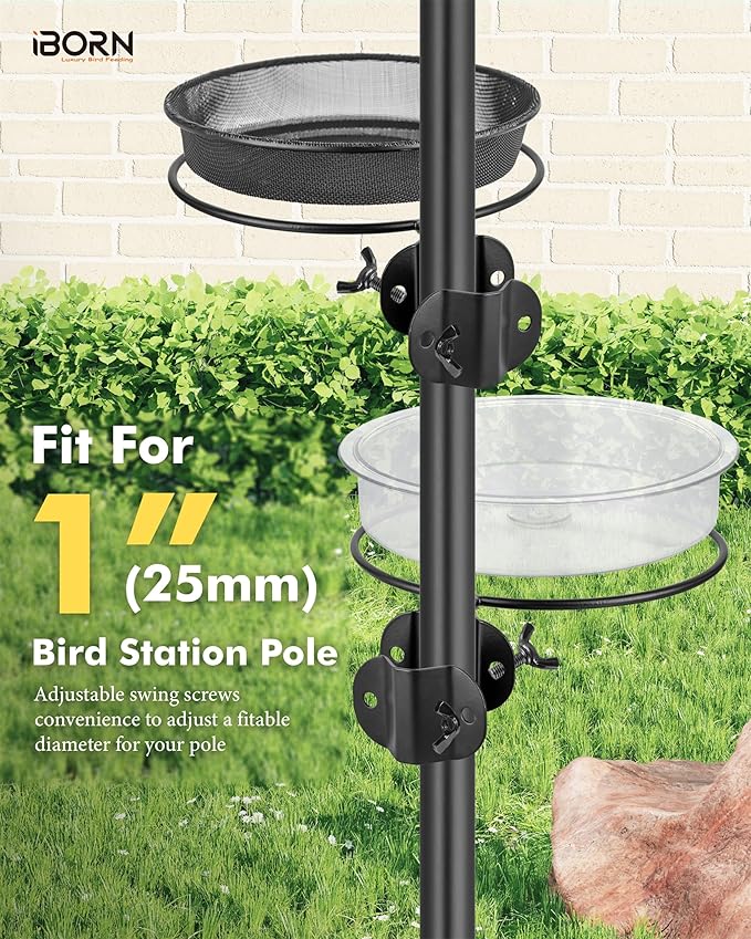 iBorn Bird Feeders Station Mesh Tray and Ring for 1” Pole Stand Station Outdoor Accessory for Humming Bird Feeders for Outside,Fit for 1 Inch Pole, Pack of 1 (Mesh & Water Tray, Pack of 2)