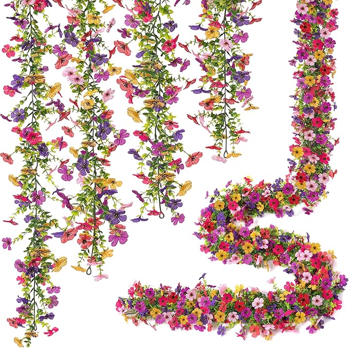 Artificial Flowers Garland Ivy, 4 Pack 5.9 FT Spring Summer Decor UV Resistant Fake Mums Floral Vine Silk Daisy Hanging Flower for Home Garden Wedding Decor Photo Booth Backdrop(Mix)