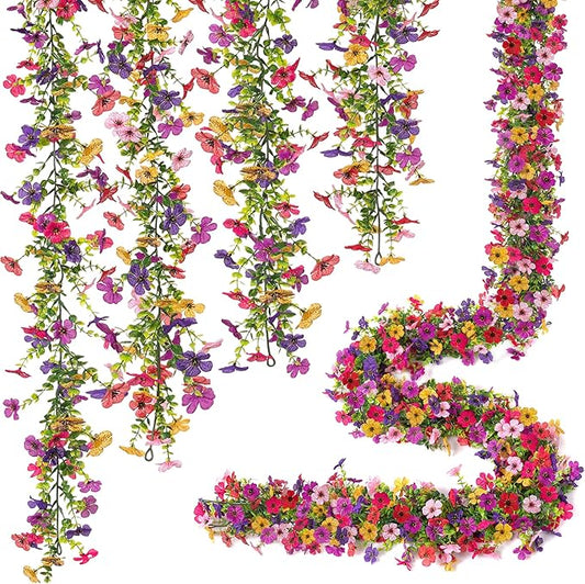Artificial Flowers Garland Ivy, 4 Pack 5.9 FT Spring Summer Decor UV Resistant Fake Mums Floral Vine Silk Daisy Hanging Flower for Home Garden Wedding Decor Photo Booth Backdrop(Mix)
