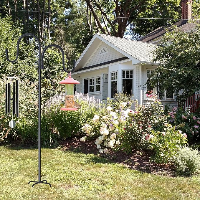 Double Shepherds Hook for Outdoor,94 Inch Bird Feeder Pole with 5 Prongs Base, Heavy Duty Adjustable Garden Hook for Hanging Plant, Solar Light, Lantern, Weddings Decor, Hummingbird Feeder(1 Pack)