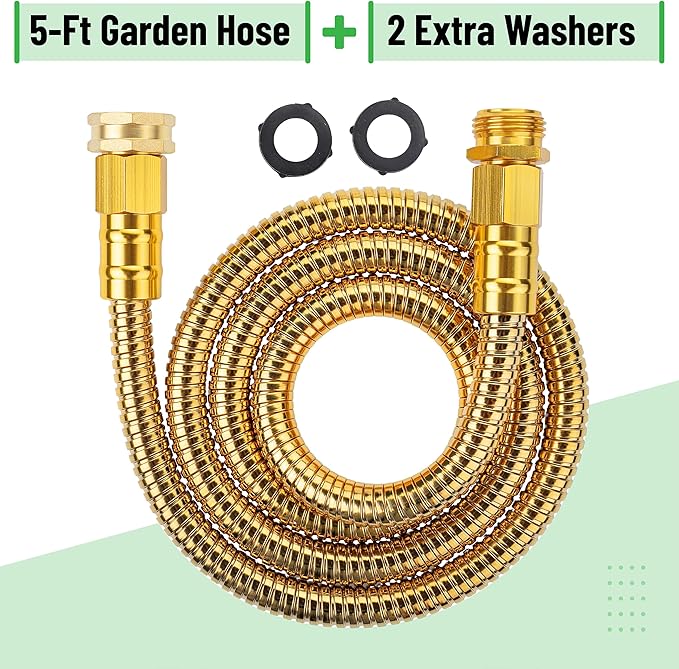 UNCO- Stainless Steel Metal Hose, 5 Feet - Gold, No Kink, Short Garden Hose