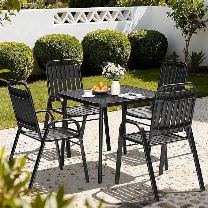 Pamapic Outdoor Dining Sets for 4, Square Table with Adjustable Umbrella Hole with 4 Plastic Chairs, 5 Piece Patio Table and Chairs Set for Garden, Backyard, Poolside and Lawn (Black)