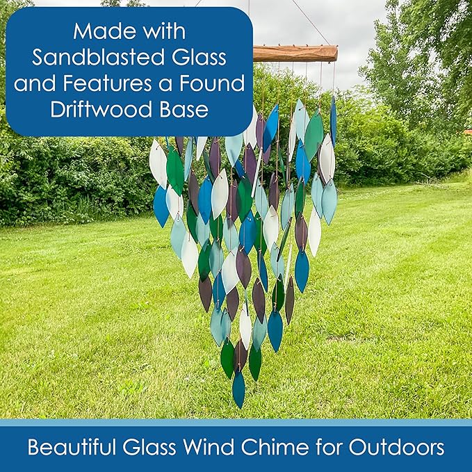 Blue Handworks Deluxe Pacific Waterfall Glass & Driftwood Chime, Sandblasted Glass and Found Wood Handcrafted Wind Chime