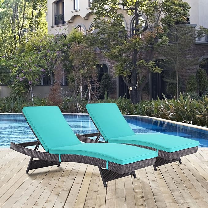 Modway Convene Wicker Rattan Outdoor Patio Chaise Lounge Chairs in Espresso Turquoise - Set of 2